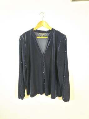 White House Black Market Navy Velvet Button Sleeve Blouse XL